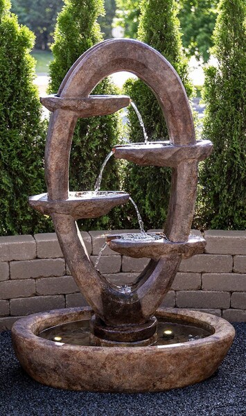 Ellipse fountain intricately carved stone scuppers Outdoor Garden Modern